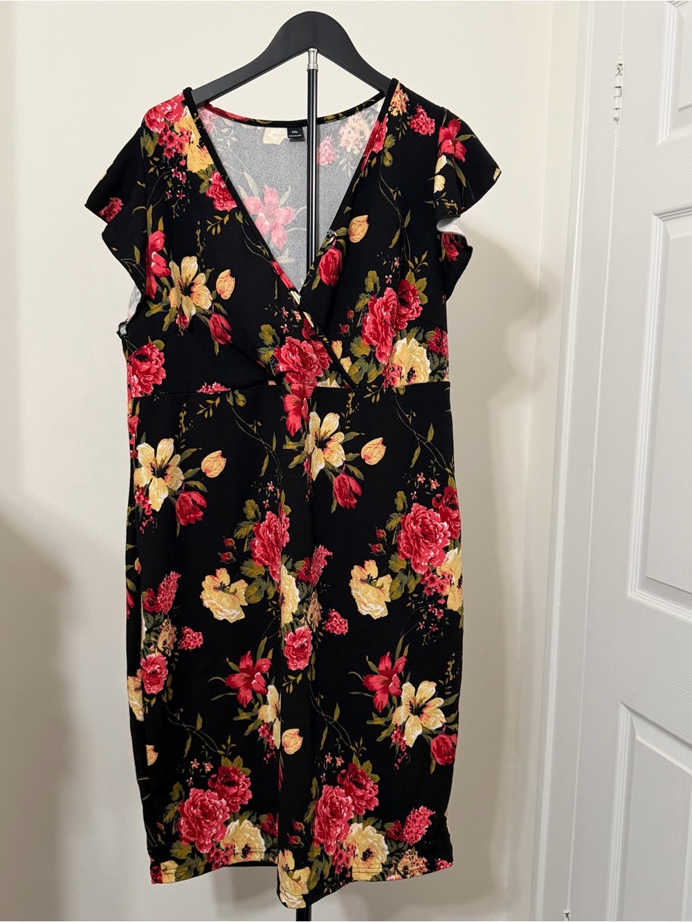 SHEIN Black Floral Wrap Dress with Pink & Yellow Blooms